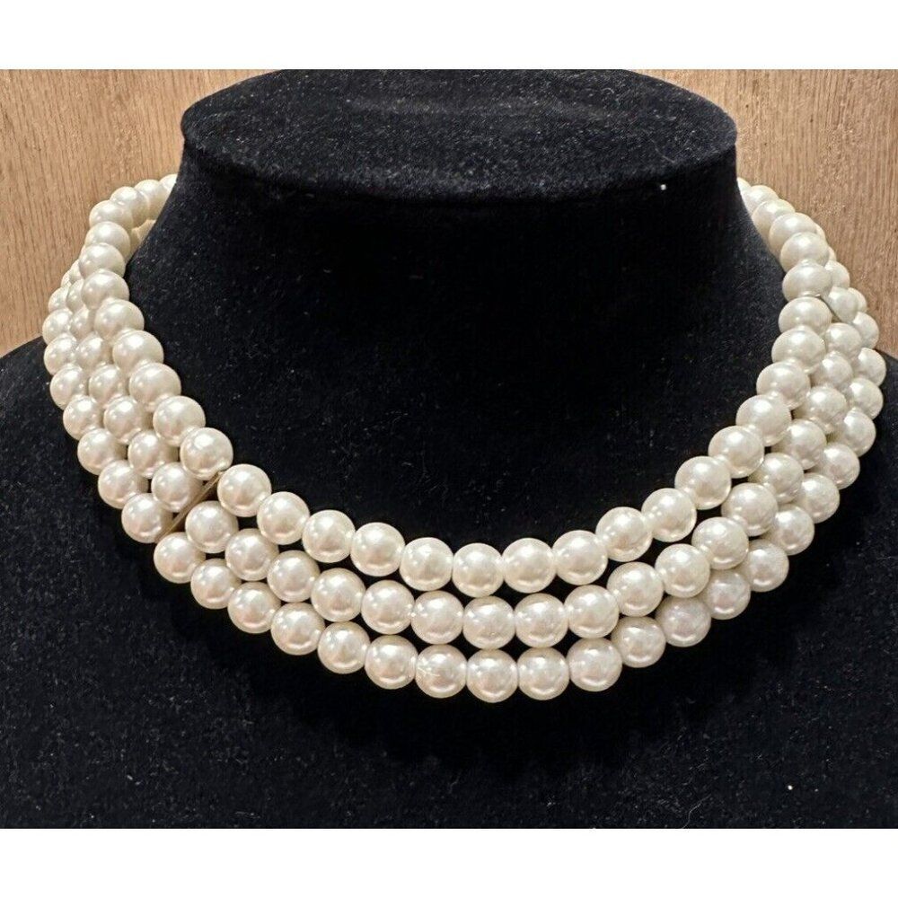 Vintage White 3 strand faux pearl Collar Necklace Box Clasp 15" Wedding Formal